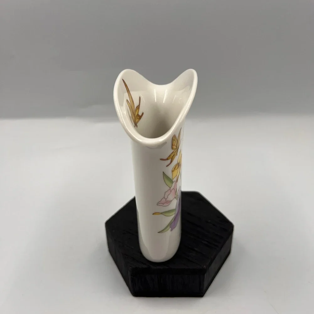 Vintage Fine China Japan Porcelain Flared Vase Iris Floral Butterfly Gold Trim